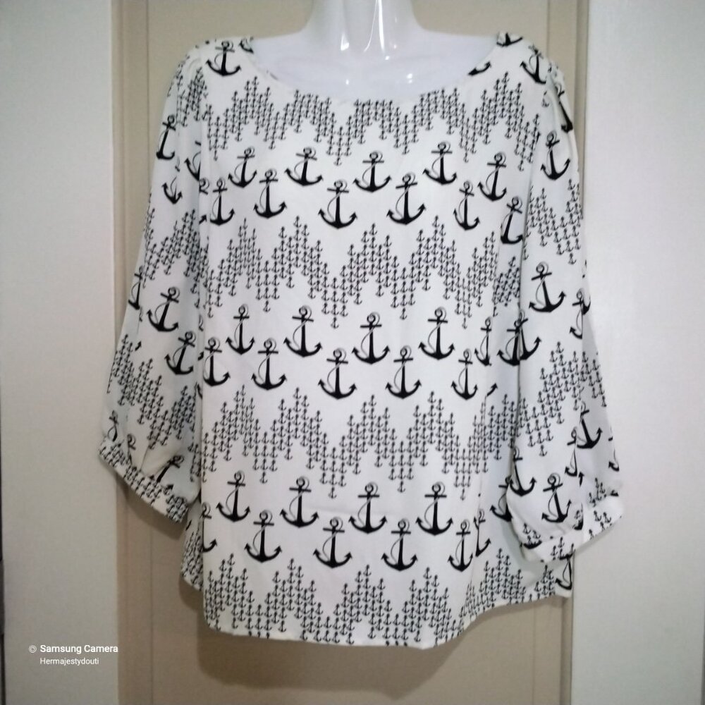 Pink Owl Apparel Nautical Anchor Marine Sea Oceanic Life Tropica Blouse NWT Jr L